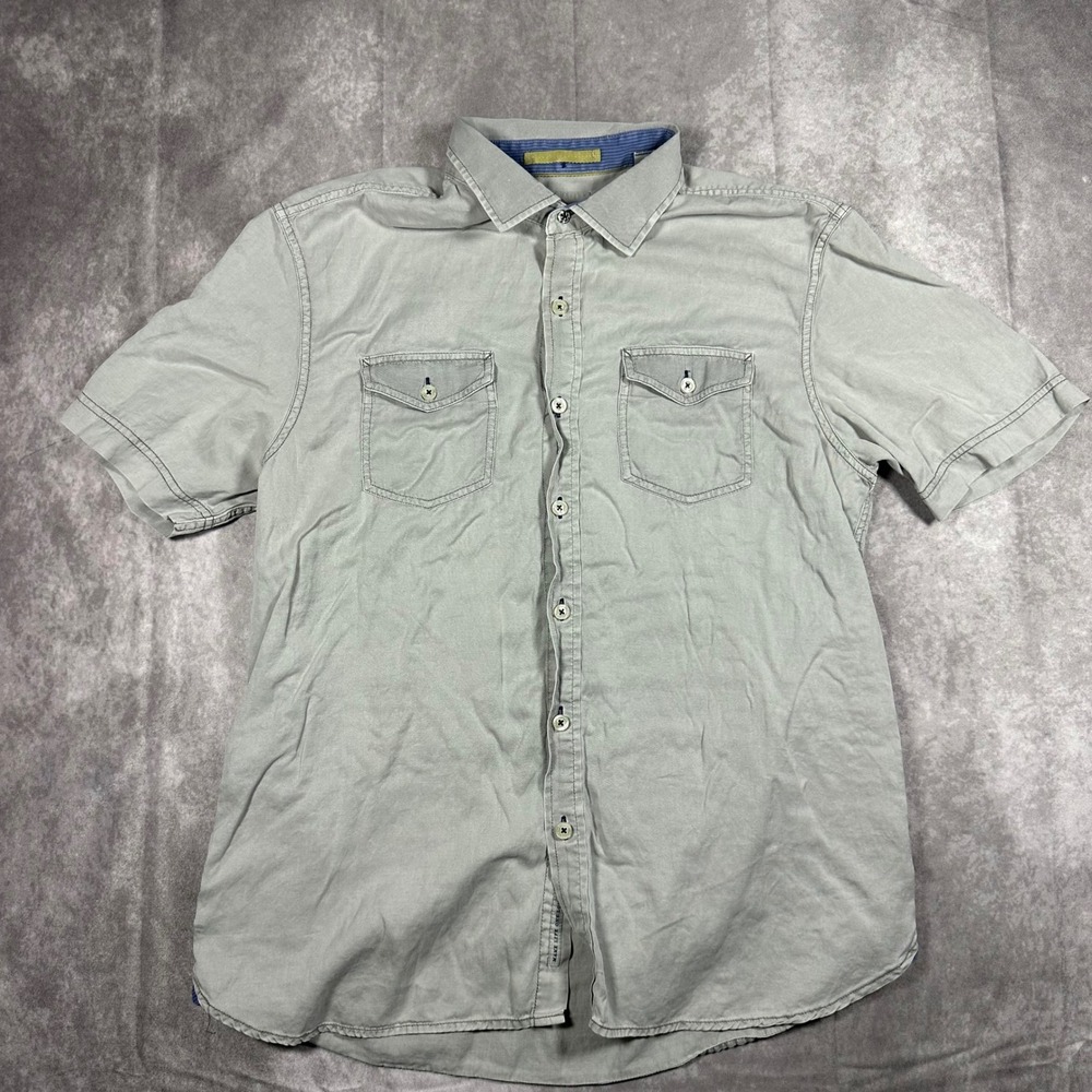 Tommy Bahama Island Modern Fit Gray Short Sleeve Button Down Shirt Jeans Mens L